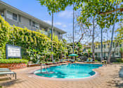 Thumbnail 10 of 14 - A pool surrounded by a wooden deck and green trees.