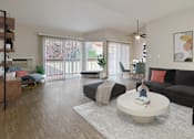 Thumbnail 3 of 17 - A living room with a black couch, a white coffee table, and a ceiling fan at Valley Plaza Villages, California, 94566