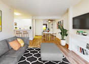 Thumbnail 5 of 16 - A living room with a grey couch and a black and white rug at Village Pointe Apartments, Northridge, California