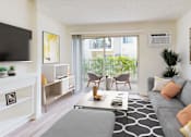 Thumbnail 4 of 16 - A living room with a grey couch and a black and white rug at Village Pointe Apartments, Northridge, California