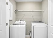 Thumbnail 17 of 24 - A small laundry room with a washer and dryer.