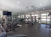 Thumbnail 10 of 46 - A gym with a variety of equipment including treadmills, weights, and exercise machines.