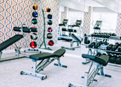 Thumbnail 15 of 20 - Fitness center with free weights and equipment at Skyline at Barton Creek Apartments, Austin, Texas