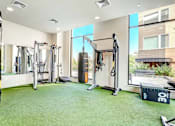 Thumbnail 15 of 23 - A well-equipped home gym with a green artificial turf floor.