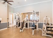 Thumbnail 19 of 61 - A gym with a variety of equipment including a treadmill, a stationary bike, and a rowing machine.