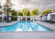 Thumbnail 4 of 61 - A large outdoor swimming pool surrounded by lounge chairs and umbrellas.