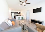 Thumbnail 65 of 66 - A modern living room with a grey couch and a black TV on the wall.