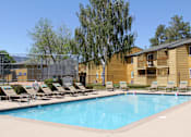 Thumbnail 20 of 24 - A pool with sun loungers and a yellow building in the background.
