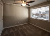 Thumbnail 22 of 27 - View from bedroom with carpet flooring, ceiling fan, well lit window and sliding door to closet