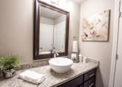 Thumbnail 9 of 26 - granite vanity with vessel sink, mirror, and lighting