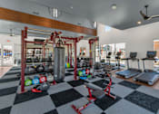Thumbnail 42 of 54 - A gym with a variety of equipment including treadmills, weights, and a squat rack.