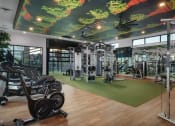 Thumbnail 22 of 76 - a gym with weights and cardio machines and a mural on the ceilingat Weylyn Luxury Apartments, Laveen, AZ 85339