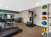 Thumbnail 17 of 20 - A gym with treadmills, exercise bikes, and weights.