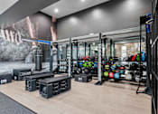Thumbnail 29 of 51 - A gym with a variety of equipment including weights and weight racks. at The Laurel Apartments, Chandler, AZ  