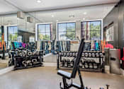 Thumbnail 18 of 40 - A gym with a variety of equipment including dumbbells and weight machines. at Lazo Apartment Homes, Chandler, AZ 85225  