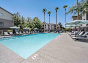 Thumbnail 24 of 40 - A large swimming pool surrounded by lounge chairs and umbrellas at Lazo Apartment Homes, Chandler  .
