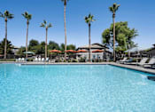 Thumbnail 29 of 40 - A large swimming pool surrounded by palm trees and lounge chairs. at Lazo Apartment Homes, Chandler, 85225  