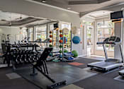 Thumbnail 29 of 42 - A gym with a variety of equipment including a treadmill, weights, and exercise balls.at Palazzo Townhomes, Phoenix, AZ  