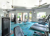 Thumbnail 6 of 29 - A gym with a variety of equipment including treadmills, weights, and a fan.