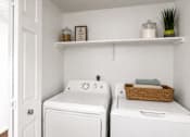 Thumbnail 15 of 20 - A small laundry room with a washer and dryer.