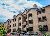 Thumbnail 26 of 29 - A large apartment complex with balconies and flower bushes in front.