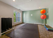 Thumbnail 11 of 23 - a room with a yoga mat and a balloon in the corner