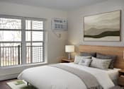 Thumbnail 13 of 32 - A bedroom with a large bed, a window with blinds, and a painting on the wall.