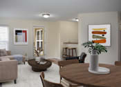 Thumbnail 2 of 32 - A living room with a brown table and a painting on the wall.
