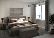 Thumbnail 10 of 26 - A bedroom with a large bed and a painting on the wall.