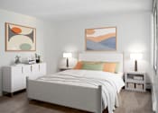 Thumbnail 3 of 20 - A bedroom with a bed, nightstands, and two framed artworks on the wall.