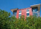 Thumbnail 29 of 44 - Outside view of apartment building behind a row of trees