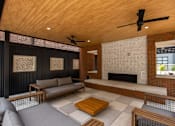 Thumbnail 20 of 76 - A modern living room with a fireplace and a ceiling fan.