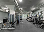 Thumbnail 24 of 43 - A gym with a variety of equipment including treadmills, stationary bikes, and weight machines at The Carousel Apartments, Richmond