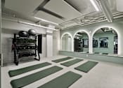 Thumbnail 21 of 43 - A gym with green mats and a weight rack at The Carousel Apartments, Virginia