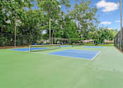 Thumbnail 5 of 22 - A tennis court surrounded by trees and a fence.