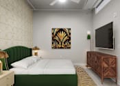 Thumbnail 42 of 43 - A bedroom with a green headboard and a wooden cabinet at The Carousel Apartments, Richmond, VA, 23220