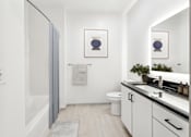 Thumbnail 26 of 26 - A bathroom with a toilet, sink, and a mirror at The Point Apartments on 38th, Norfolk, Virginia