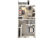 Thumbnail 28 of 29 - A 3D rendered image of a small apartment layout.