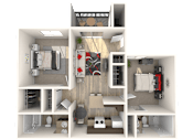 Thumbnail 26 of 29 - A 3D floor plan of a small apartment with a kitchen, living room, and bedroom.