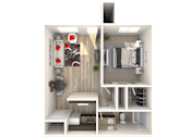 Thumbnail 27 of 29 - A 3D floor plan of a small apartment with a kitchen, living room, and bathroom.