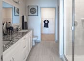 Thumbnail 60 of 60 - Spacious bathroom with dual vanity and glass shower at Avli At Crosstown Center Apartments, TAMPA, Florida