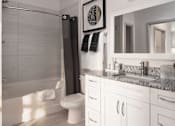 Thumbnail 55 of 60 - Bathroom with tub shower combo and modern vanity at Avli At Crosstown Center Apartments, Florida