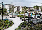 Thumbnail 14 of 60 - Courtyard walkway with palm trees and pool area at Avli At Crosstown Center Apartments, Florida
