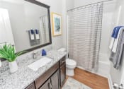 Thumbnail 40 of 54 - Bathroom with toilet, large vanity, wide mirror, wooden cabinetry, and a shower bathtub combo