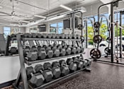 Thumbnail 17 of 36 - A gym with a rack of black dumbbells.