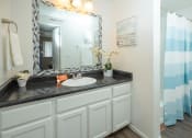 Thumbnail 31 of 32 - a bathroom with a sink and a mirror and a shower