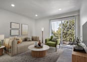 Thumbnail 4 of 15 - A living room with a couch, a chair, a table, and a lamp.