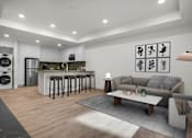 Thumbnail 24 of 36 - A modern kitchen with a bar area and a living room with a grey sofa.