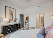 Thumbnail 16 of 23 - Spacious bedroom with walk-in closet and ensuite bathroom at The Mill Old Town Apartments, Lewisville, TX 75057