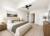 Thumbnail 19 of 47 - Bright bedroom with plush carpeting, ceiling fan and oversized windows.